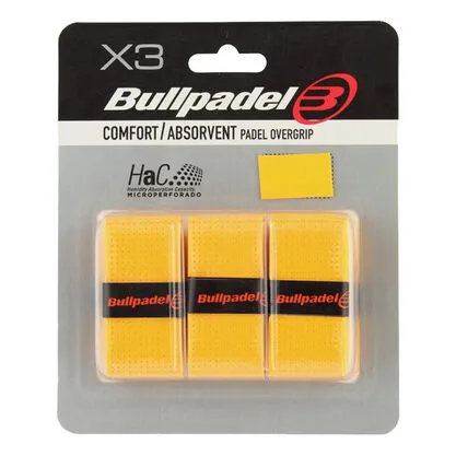 Dreierblister mit drei gelben Overgrips auf Kartonrücken